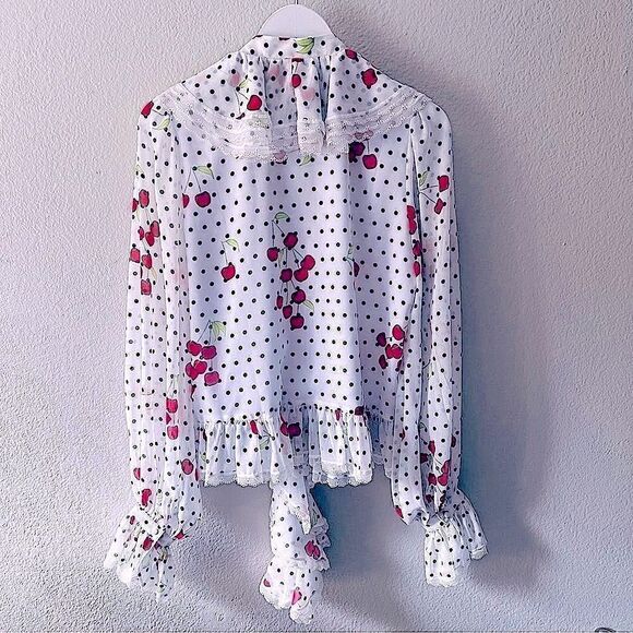 Revolve NBD White Ruffle Blouse Maraschino Top in Cherry Dot NWOT S - Picture 10 of 15